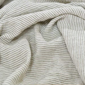 Washed Linen Fabric in White with Beige Stripes - 100% Natural Linen, 130 GSM | Soft, Durable and Breathable, Ideal for Clothing, Crafts