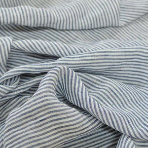 Washed Linen Fabric in White with Blue Stripes Sold by the Yard and Meter - Natural Softened Linen made in Lithuania, Lightweight, Organic