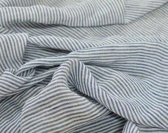 Washed Linen Fabric in White with Blue Stripes Sold by the Yard and Meter - Natural Softened Linen made in Lithuania, Lightweight, Organic