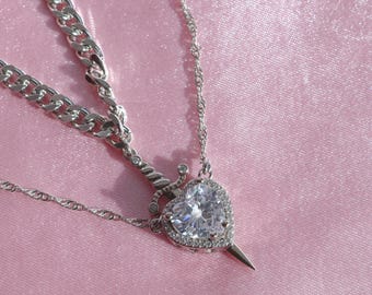 Pink Heart and Sword Couple Necklaces, Couple Jewelry, Snowwhite and Huntsman Inspired