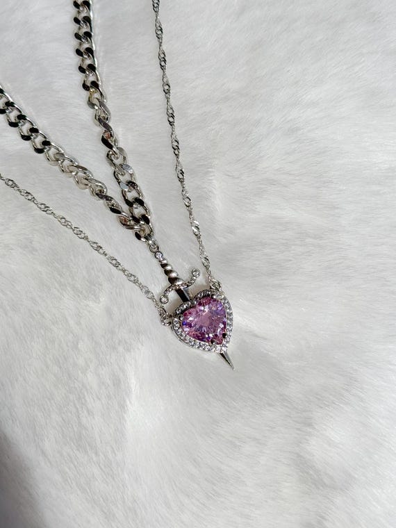 Pink Love Hurts Couple Necklace, Heart Sword Necklace, 2pcs Couple Necklace