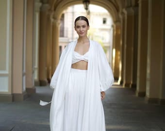 Linen Pajama Set for Women 3 Piece – Bra, Kimono & Pants | Natural Summer Lounge Set | Boho Sleepwear | Bridal Morning Outfit | White | Pink
