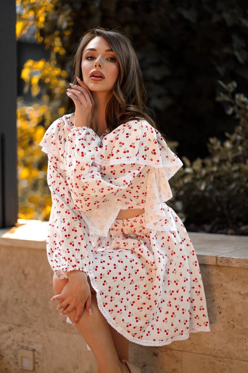 2 Piece Skirt Set Women, Romantic Matching Outfit, Summer Outfit Set, Cottagecore Dress Set, Vacation Brunch Outfit, Feminine Look, flowers Red
