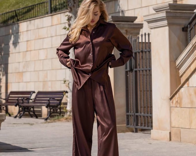Silk Satin Pajama Set Women • Lounge Wear • Chocolate, Mustard, Black, Blue • Luxury Gift for Her • Holiday Sleepwear Outfit | girls night
