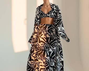 Linen 3-Piece Set – Kimono Robe, Wide Leg Pants & Crop Top | Women's Resort Wear, Boho Vacation Outfit | beige, blue, bridal getting ready