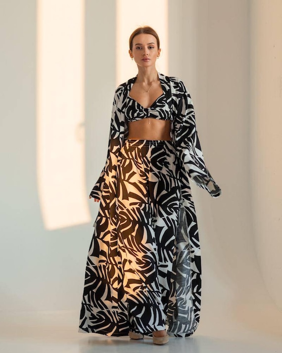 Linen 3-Piece Set – Kimono Robe, Wide Leg Pants & Crop Top | Women’s Resort Wear, Boho Vacation Outfit | beige, blue, bridal getting ready