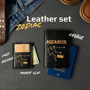 Sternzeichen Geschenk | Leder Set | Passhülle | Kartenhalter mit Geldklammer | Handgemachtes Geschenk
