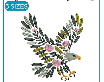 Floral Eagle Embroidery Design, Eagle Embroidery, Flying Bald Eagle Embroidery, Majestic American Bird, Machine Embroidery Design
