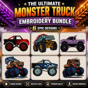 Monster Truck Embroidery Design Bundle, Off Road Truck Digital Files, Big Wheels Flame Embroidery Pattern,Machine Embroidery Designs PES DST