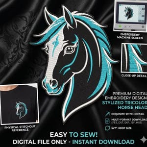 Stylized Horse Head Embroidery Design - Large Chest Patch Digital Download - Majestic Animal Embroidery File for Men and Boys