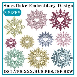 May include: A set of nine snowflake embroidery designs with a heart in the center of each snowflake. The snowflakes are in various colors, including red, blue, green, and gold. The text "Snowflake Embroidery Design" and "3 SIZES" is at the top of the image. The text "DST, VPS, XXX, HUS, PES, JEF, SEW" is at the bottom of the image.