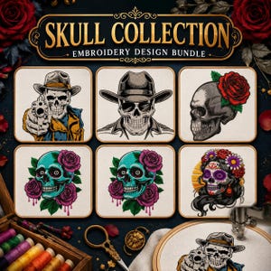 Skull Embroidery Design Bundle, Cowboy Skull Machine Embroidery Files, Floral Sugar Skull DST PES, Dead Inside But Caffeinated Coffee Skull