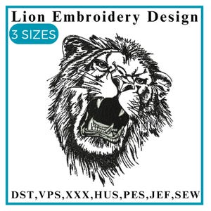 ライオンの刺繍デザイン、白黒の雄大な王、モノクロのライオンの刺繍、キングライオンの刺繍、動物の王の頭、機械刺繍