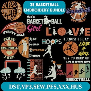 Può includere: Una collezione di 28 ricami con frasi e immagini a tema basket. I disegni includono "Sleep, 3 Pointer, Repeat", "Just a Basketball Girl", "Hoops", "I Know I Play Like a Girl", "Try to Keep Up", "Life is Better with Basketball", e altro ancora. I disegni sono disponibili nei formati DST, VP3, SEW, PES, XXX e HUS.