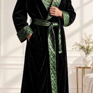 Men's Black Velvet Robe, Green Quilted Shawl Collar Dressing Gown, Luxury Smoking Jacket Lounge Coat