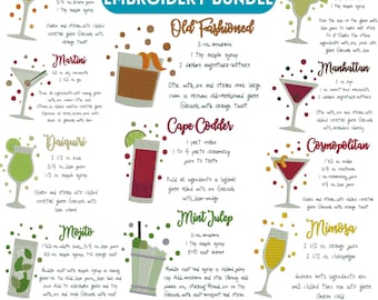 Design de bordado de coquetel, bordado de receita de coquetel, coquetel de martini, bordado de bebida, bordado de cerveja, design de bordado de máquina