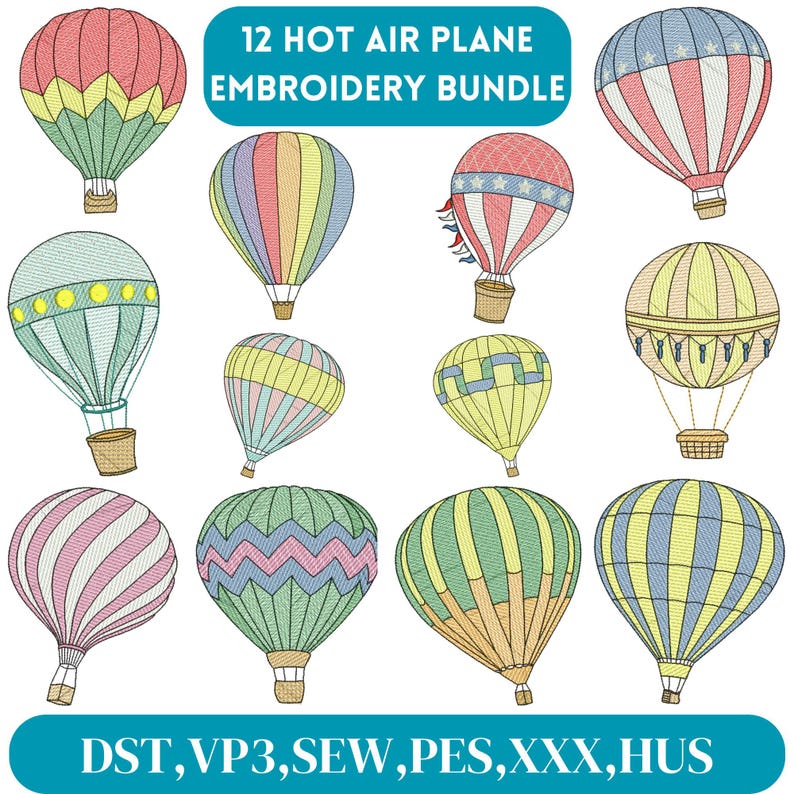 Air Balloon Embroidery Design, Hot Air Balloon Embroidery, Balloon ...