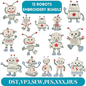 May include: A set of 12 robot embroidery designs in various poses and styles. The robots are drawn in a cartoon style with bright colors and details. The designs are available in DST, VP3, SEW, PES, XXX, and HUS formats.