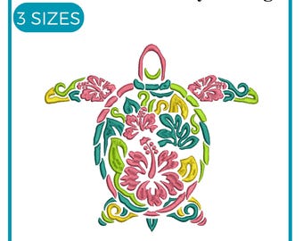 May include: A colorful turtle embroidery design with the text "Turtle Embroidery Design" and "3 SIZES". The turtle is filled with floral patterns in pink, green, yellow, and teal. The design includes the file types: DST, VPS, XXX, HUS, PES, JEF, and SEW.