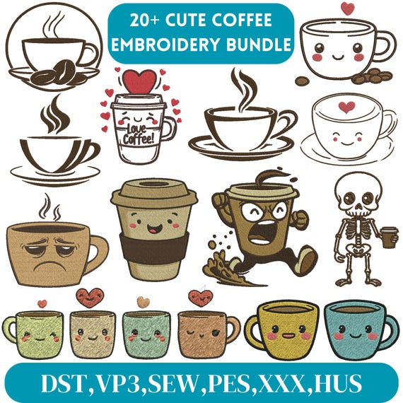 Coffee Embroidery Design, Cup of Coffee Embroidery, Tea Coffee Embroidery, Café Embroidery, Cute Coffee Design, Machine Embroidery Designs