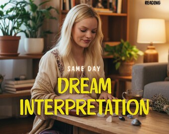 May include: A woman with long blonde hair sits at a wooden table with the words "Dream Interpretation" in large yellow letters. The image also includes the text "Same Day", "Detailed Tarot & Psychic Reading", and "PsychicAurora".