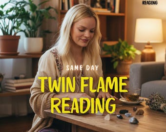 May include: A woman with long blonde hair sits at a wooden table with crystals and a teacup. The text on the image reads "Twin Flame Reading" and "PsychicAurora". The image also displays "5 Star Reviews" and "Detailed Tarot & Psychic Reading".