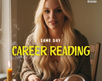 Könnte beinhalten: Eine Frau mit langen blonden Haaren steht im Mittelpunkt dieses Bildes, mit dem Text "CAREER READING" in Gelb. Das Bild enthält auch den Text "5 STAR REVIEWS" und "DETAILED TAROT & PSYCHIC READING". Eine brennende Kerze und eine Kristallkugel stehen auf dem Tisch.