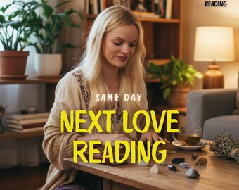 Könnte beinhalten: Eine Frau mit blonden Haaren sitzt an einem Holztisch mit Kristallen und einer Tasse Tee. Der Text "NEXT LOVE READING" ist gelb dargestellt. Das Bild enthält auch den Text "5 STAR REVIEWS" und "DETAILED TAROT & PSYCHIC READING".