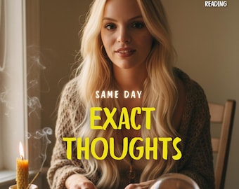 May include: A woman with long blonde hair is seated at a table with a lit candle and a crystal ball. The text "SAME DAY EXACT THOUGHTS" is displayed in yellow. The image also includes the text "5 STAR REVIEWS" and "DETAILED TAROT & PSYCHIC READING".