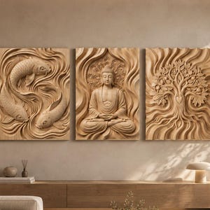 Paquete de archivos STL para tríptico de arte mural | Buda, pez koi y árbol de la vida | Paneles de relieve CNC de 3 piezas | Decoración zen japonesa | Archivos Aspire VCarve