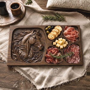 May include: A rectangular dark wood serving tray featuring a detailed relief carving of a horse head on the left side and four partitioned sections on the right containing crackers, olives, cheese cubes, and cured meats. Text reads Digital Product.
