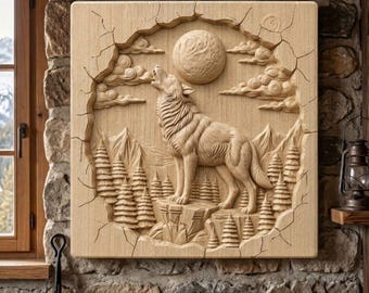 Howling Wolf Wall Art STL | Forest Animal CNC Engraving Design | Rustic Woodland Decor | Cabin Lodge Wood Carving | Relief Sculpture File