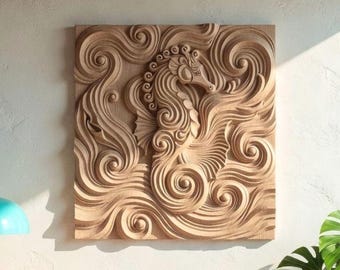 Seahorse Wall Art STL – Abstract Wood Carving Digital File, Modern Coastal Relief Panel, Nautical Interior Decor, for CNC & 3D Printing