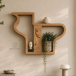 Skulpturales Wandregal (STL-Datei) | Abstraktes Gesichtsdesign | CNC-gefrästes Holzregalmodell | Digitaler Download | Moderne Wandkunst