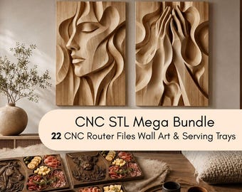 CNC STL Mega Bundle | 22 CNC Router Files | 10 Wall Art & 12 Serving Trays | 3D Relief Wood Carving | VCarve Aspire | Digital Download