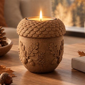 Puede incluir: Un portavelas marrón con forma de bellota, con una tapa texturizada y motivos en relieve de hojas de roble y bellotas en la base. El portavelas contiene una vela encendida con una llama visible ardiendo en el centro de la abertura superior.