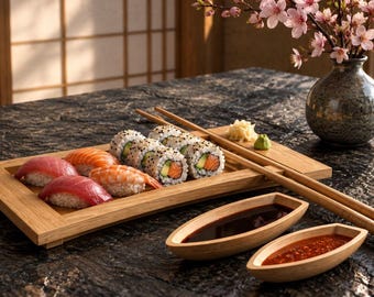 Minimal Sushi Serving Set STL Bundle | CNC Tray, Chopsticks & Sauce Boat | Japanese Woodworking File | VCarve Aspire Carveco