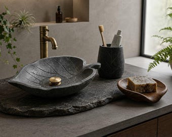 Organic Leaf Sink STL Bundle, 3D Printable Bathroom Set, Soap Dish, Toothbrush Holder, CNC Router Files, Biophilic Decor