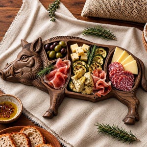 Peut inclure: Un plateau de service en bois brun foncé en forme de sanglier, doté de plusieurs compartiments sculptés remplis d'olives vertes, de prosciutto, de dés de fromage, de courgettes grillées, de cœurs d'artichauts et de tranches de salami, avec du pain et de l'huile.