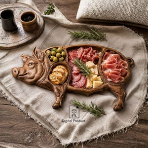 May include: A carved wooden serving board shaped like a pig, featuring multiple interior compartments filled with green olives, sliced bread, cured meats, and cheese cubes, garnished with fresh rosemary sprigs. Includes an STL Digital Product icon.