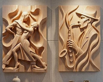 Music Studio Wall Panels STL Bundle | Tango Couple & Jazz Saxophonist Wall Art | Relief for Home Decor | Digital Download
