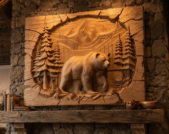 May include: A rectangular wooden wall carving featuring a relief of a bear walking through a forest with pine trees and mountains in the background. The natural light brown wood panel is mounted above a stone fireplace with a burning fire inside.