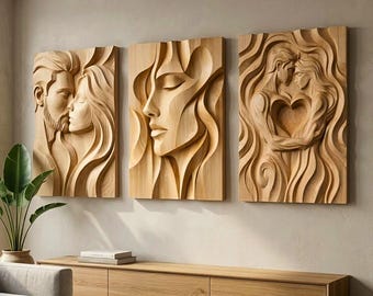 Set of 3 STL Wall Panels – Minimal CNC Relief Sculpture, Contemporary Wood Art, Architectural Decor