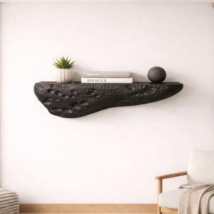 May include: A black, textured floating shelf with a unique, organic shape. The shelf holds a small potted plant, two books with the title "XIN MOLK", and a dark sphere. The shelf is mounted on a white wall, creating a modern, minimalist aesthetic.