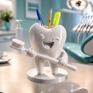 Può includere: Un organizer da scrivania bianco a forma di dente che contiene una penna blu, un evidenziatore giallo e una matita. L'organizer ha una faccia sorridente e tiene uno spazzolino da denti. La base è rotonda.