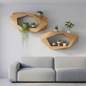 Può includere: Due mensole geometriche in legno con piante. Le mensole hanno un design angolare unico e sono montate su una parete bianca. Varie piante in vaso, tra cui succulente e piante ricadenti, sono esposte sulle mensole, aggiungendo verde.