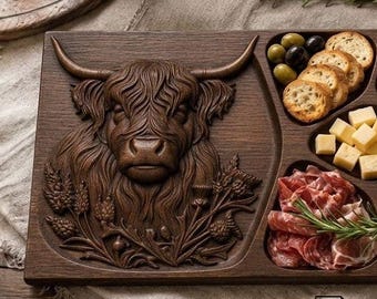 Highland Cow Tray STL | Highland Cattle Serving Board | CNC Wood Carving File | Rustic Charcuterie Tray | 3D Printable Decor