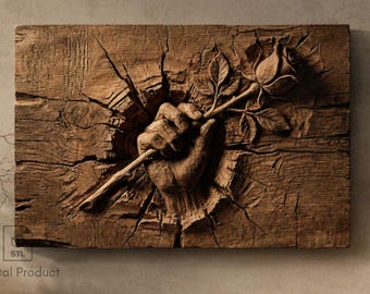 Hand Holding Rose Wood Relief STL for CNC Router | 3D Carving File for Aspire, VCarve, Fusion 360, Carveco | Digital Download