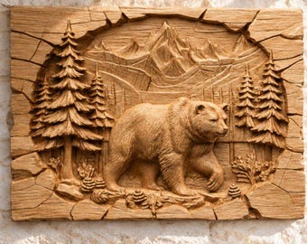 Bärenberg-Wandbild (STL) | Rustikales Hütten-CNC-Reliefpaneel | Datei für Hütten-Wanddekor | Geschnitzte Waldlandschaft aus Holz