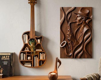 Conjunto de 3 arquivos STL para decoração musical, compatíveis com CNC e impressão 3D: arte de parede em formato de saxofone, porta-velas em formato de nota musical, estante em formato de guitarra e decoração para casa de músicos.